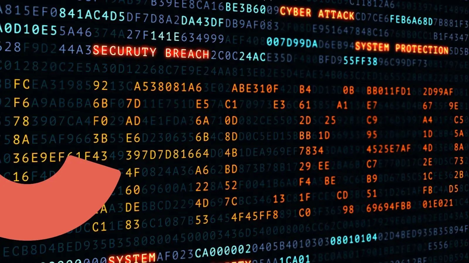 Pantalla oscura con código alfanumérico en tonos azules y naranjas, destacando los mensajes «Cyber Attack», «Security Breach» y «System Protection», junto a un elemento gráfico coral en la esquina inferior izquierda.